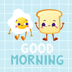 Cute breakfast food banner. Retro cartoon morning food characters poster.