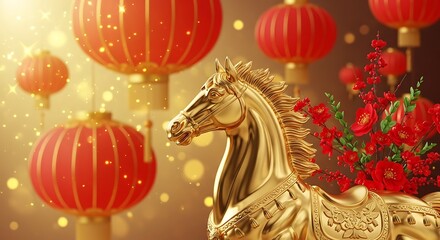 Golden horse statue with red lanterns and flowers, celebrating Chinese New Year with traditional decorations, year of the horses.