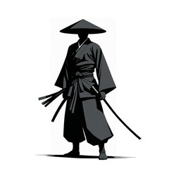 black and white graphic illustration of a lone ronin warrior standing proudly
