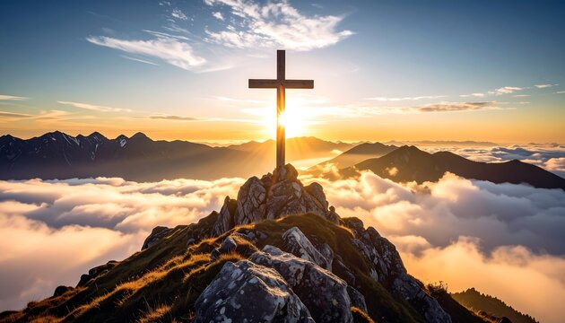 Sunrise over mountaintop cross - Powered by Adobe