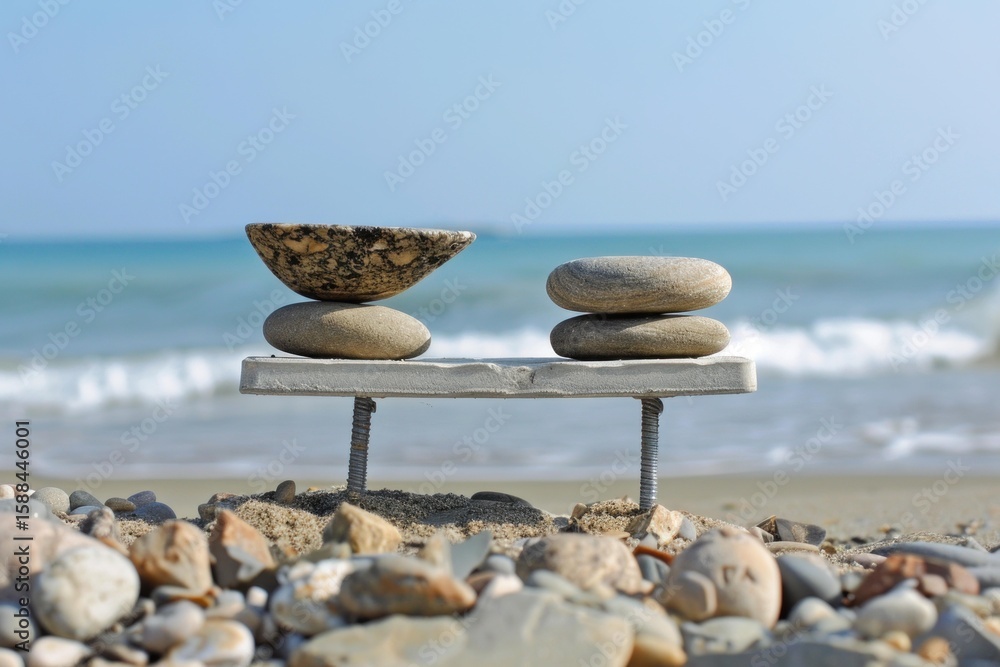 Poster balancing stones and seashells are creating a symbol of harmony and balance on a sunny beach with bl