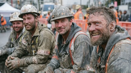 Fototapeta premium Smiling Construction Workers Taking a Break on Site