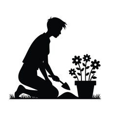 Person planting flowers in a pot silhouette gardening