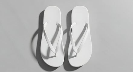 A pair of simple white flip-flops rests on a light gray background, casting subtle shadows.