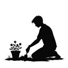 Person planting flowers in a garden silhouette vector