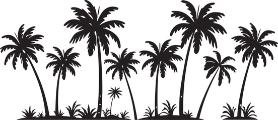 Palm tree silhouettes on tropical beach with coconut palms under sunny sky