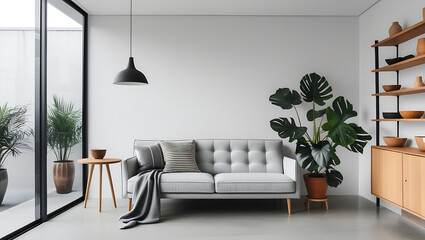 Interior view of a living room with sofa, plants, and shelves against a white wall