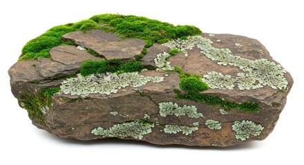 Natural Brown Rock Covered with Green Moss and Lichen Isolated on White Background