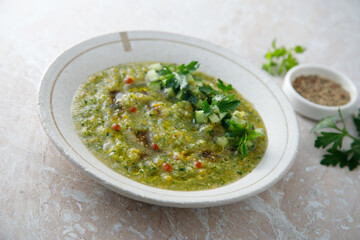 Healthy green gazpacho with chili