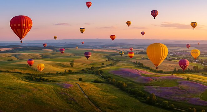 Spectacular hot air balloon festival soaring over rolling hills and lavender fields at sunrise