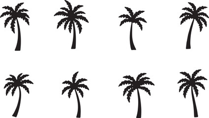 Palm tree silhouettes on tropical beach with sunset and ocean view