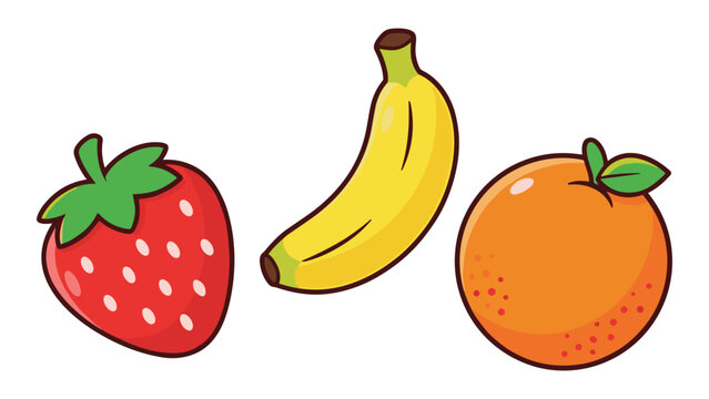 Colorful cartoon fruits illustration featuring strawberry banana and orange isolated for creative