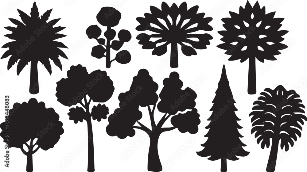 Poster a versatile vector collection of various tree silhouettes, perfect for nature and design projects