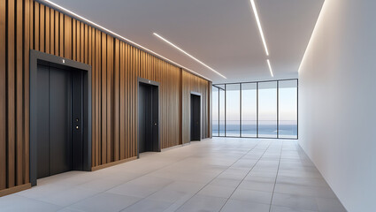 Interior view of a hallway with elevators and ocean view
