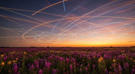 Night Sky with Star Trails Over Flower Field at Sunset