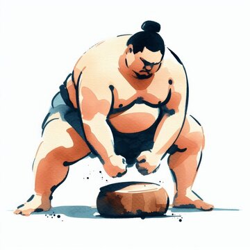 A powerful sumo wrestler performing shiko in minimalist watercolor style