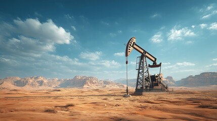 Fototapeta premium Desert oil pumpjack under a wide blue sky with scattered clouds, surrounded by sandy terrain and distant mesa-like rock formations
