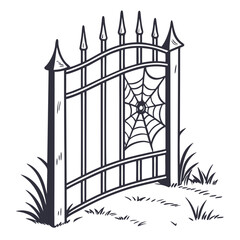 Spooky garden gate with spider web and grass in black and white  