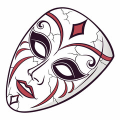 Decorative mask with intricate design in white, red, and black colors  