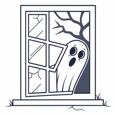 Cartoon ghost peeking through broken window with bare tree outside  