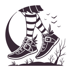 Striped socks and black sneakers walking through a moonlit scene  