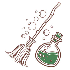 Witch broom and potion bottle with bubbles in a whimsical style  