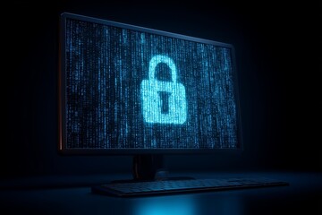 Modern cybersecurity workspace with neon padlock icon on screen monitor