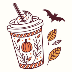 Pumpkin spice drink in decorative cup with leaves and bat  