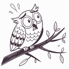 Cartoon owl sitting on a branch with surprised expression  
