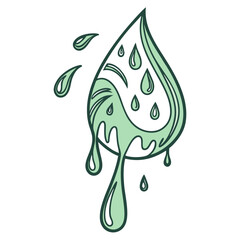 Green leaf with drops of water in doodle style  