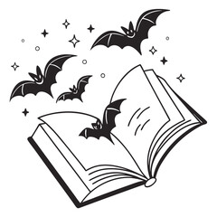 Illustration of bats flying around an open book with sparkles  