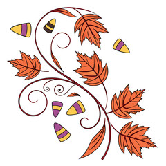 Autumn leaves with candy corn in whimsical design  