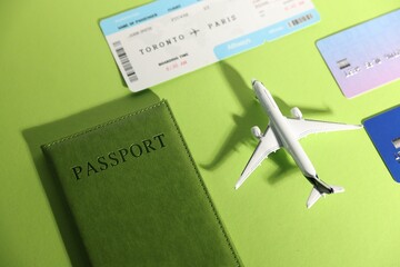 Airplane model, flight ticket, passport and credit cards on green background, flat lay