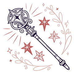 Magic wand with ornate design and stars in whimsical style  