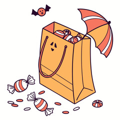 Halloween candy bag with colorful sweets and umbrella illustration  