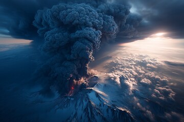 Aerial view of a powerful dramatic volcanic eruption with massive ash cloud over snow-covered mountains