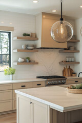 Modern kitchen with a vertical perspective, clean white and beige cabinetry, minimalist floating shelves, and large pendant lights above a kitchen island.