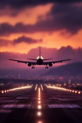 Airplane landing at night on illuminated runway during colorful sunset