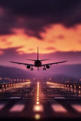 Airplane landing at night on illuminated runway during colorful sunset