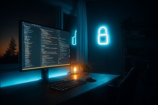 Modern cybersecurity workspace with neon padlock icon and source code on screen at night, Data Safety and Security Concept - Powered by Adobe