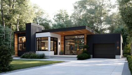 Modern luxury house exterior with large windows and black accents in a suburban neighborhood