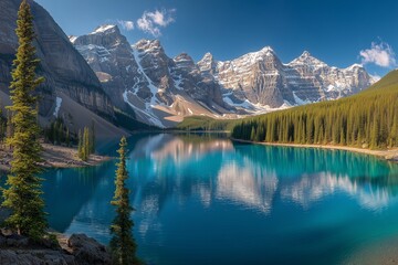 A panoramic view of Moraine Lake in Canada, surrounded by towering mountains and lush forests. 