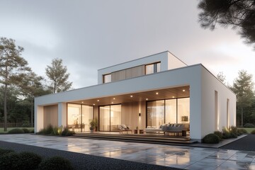 Modern minimalist luxury house exterior with flat roof and large glass windows, set in tranquil landscape, sleek architectural lines, warm lighting