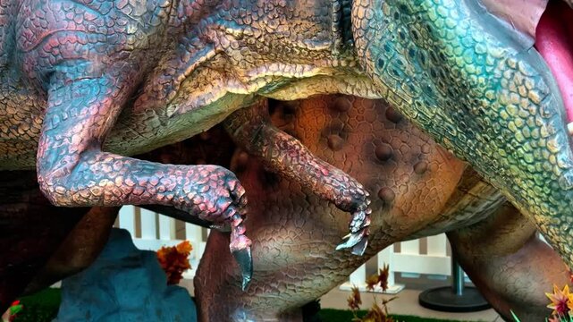 High-detail dinosaur sculpture close-up with rich textures and claws&mdash;perfect for science, kids content, or themed visuals.