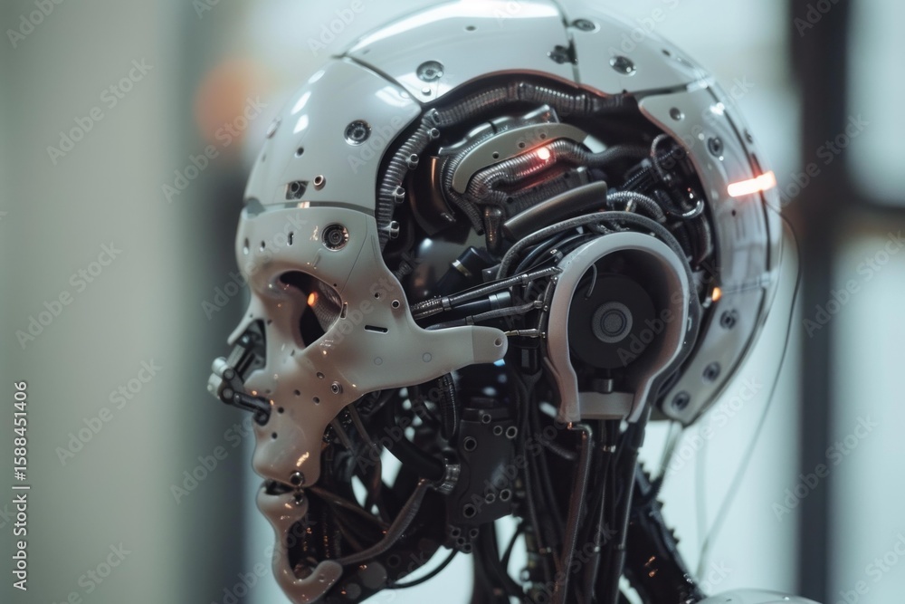 Poster very detailed robot head with exposed wires and metal, showing the complexity of artificial intellig