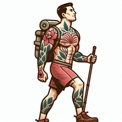 Fototapeta premium Tattooed hiker illustration, athletic male character enjoying outdoor adventure