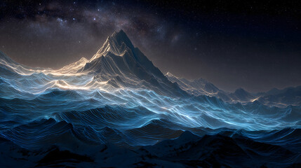 Mountains Shaped from Light Waves	Majestic mountains form entirely from luminous undulating energy waves, glowing in twilight against a starry sky.
