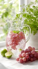 Refreshing Grape, Lime, and Mint Infused Drink in Glass Pitcher – Outdoor Summer Setup with Natural Light and Garden Vibes
