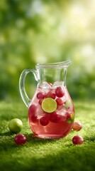 Refreshing Grape and Lime Infused Drink in Glass Pitcher – Outdoor Summer Scene with Mint Leaves and Ice Cubes on Grassy Background