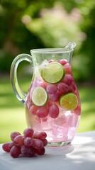 Glass Pitcher with Grape and Lime Infused Drink – Refreshing Summer Beverage Scene Featuring Ice Cubes and Natural Ingredients on White Table